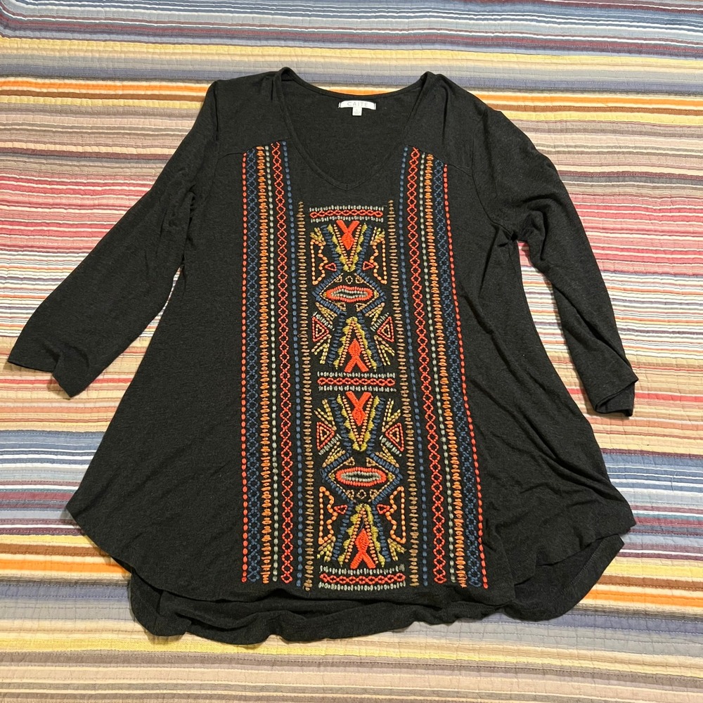 CAITE Women Charcoal‎ Gray Long Sleeve Embroidered Tunic Top Size L